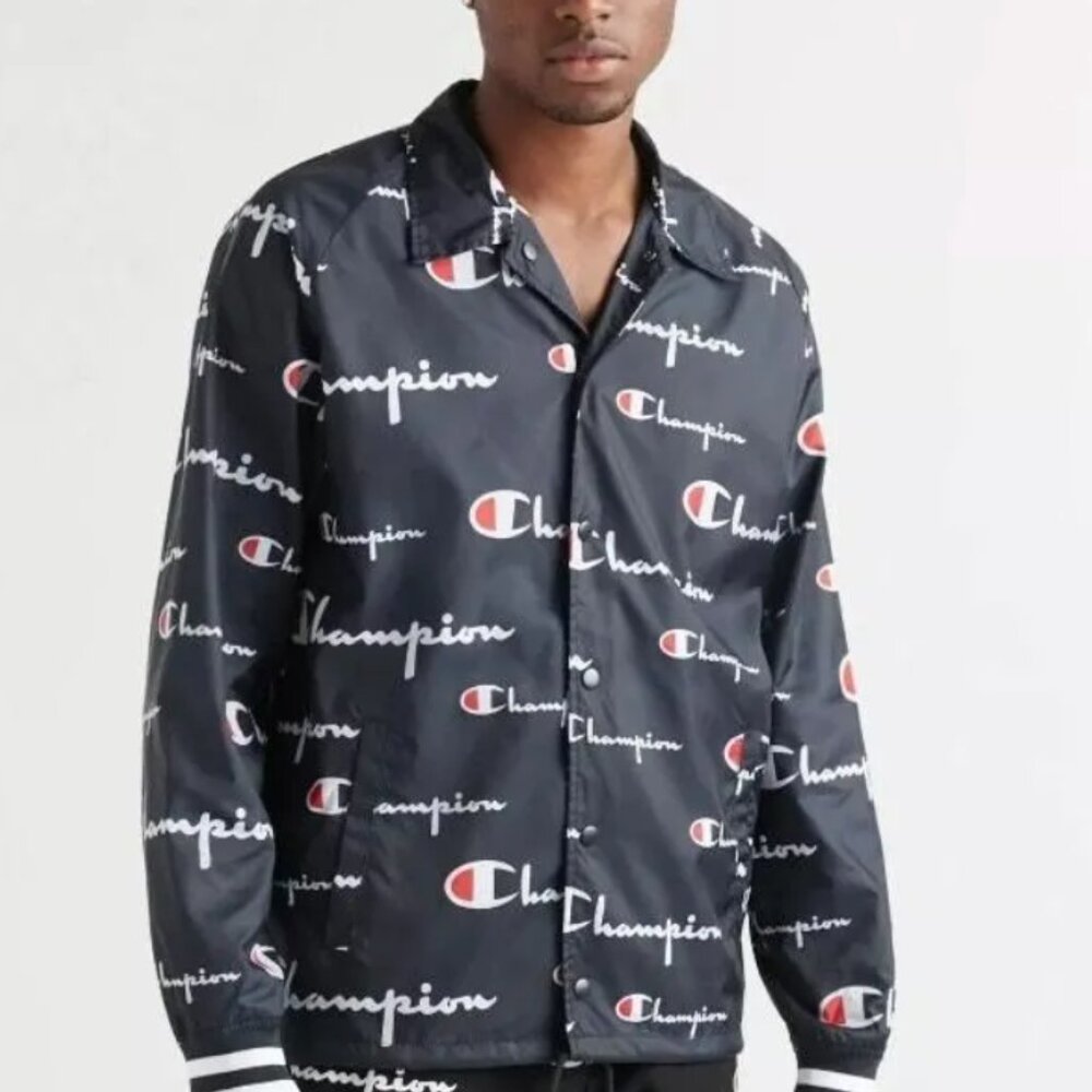 Champion Life Men's Navy All Over Print Satin Button Down Coaches Jacket